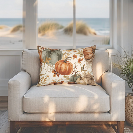 Decorative pillow with pumpkins on a beige sofa by a window with a beach view.