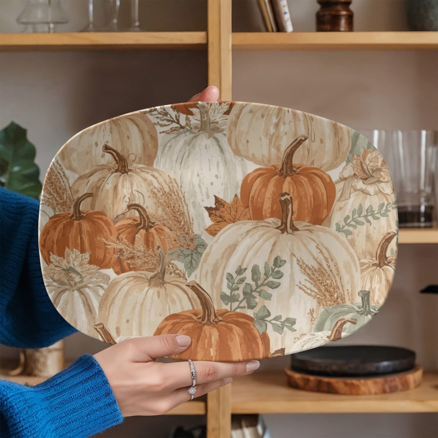 rustic harvest serving tray with pumpkin design