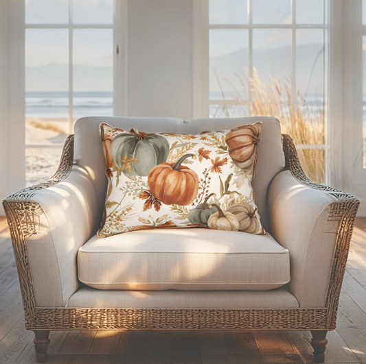 Decorative pillow with pumpkins on a wicker chair in a room with large windows.