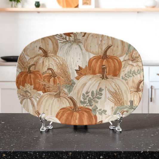 Rustic farmhouse pumpkin serving platter for Thanksgiving entertaining.