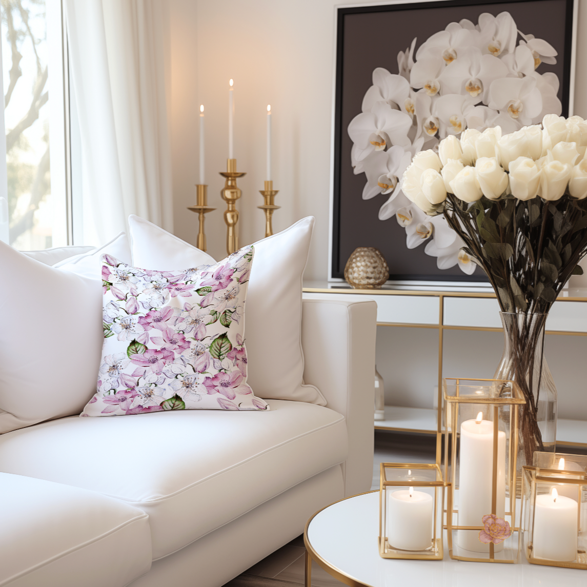 Beautiful floral throw pillow with elegant flower patterns, ideal for spring and summer home decor