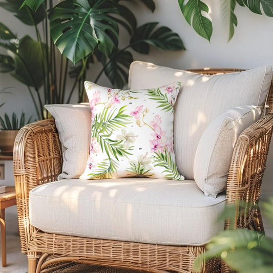 Green and pink throw pillow with tropical floral design for a coastal living room