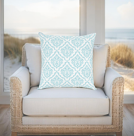 Light Blue Damask pattern coastal throw pillow for living room decor