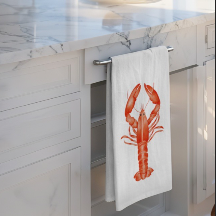 Lobster print dish towel for coastal kitchens and entertaining. 