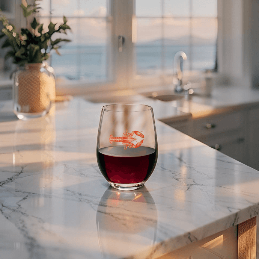 Lobster stemless wine glass featuring bold red coastal design for nautical tableware