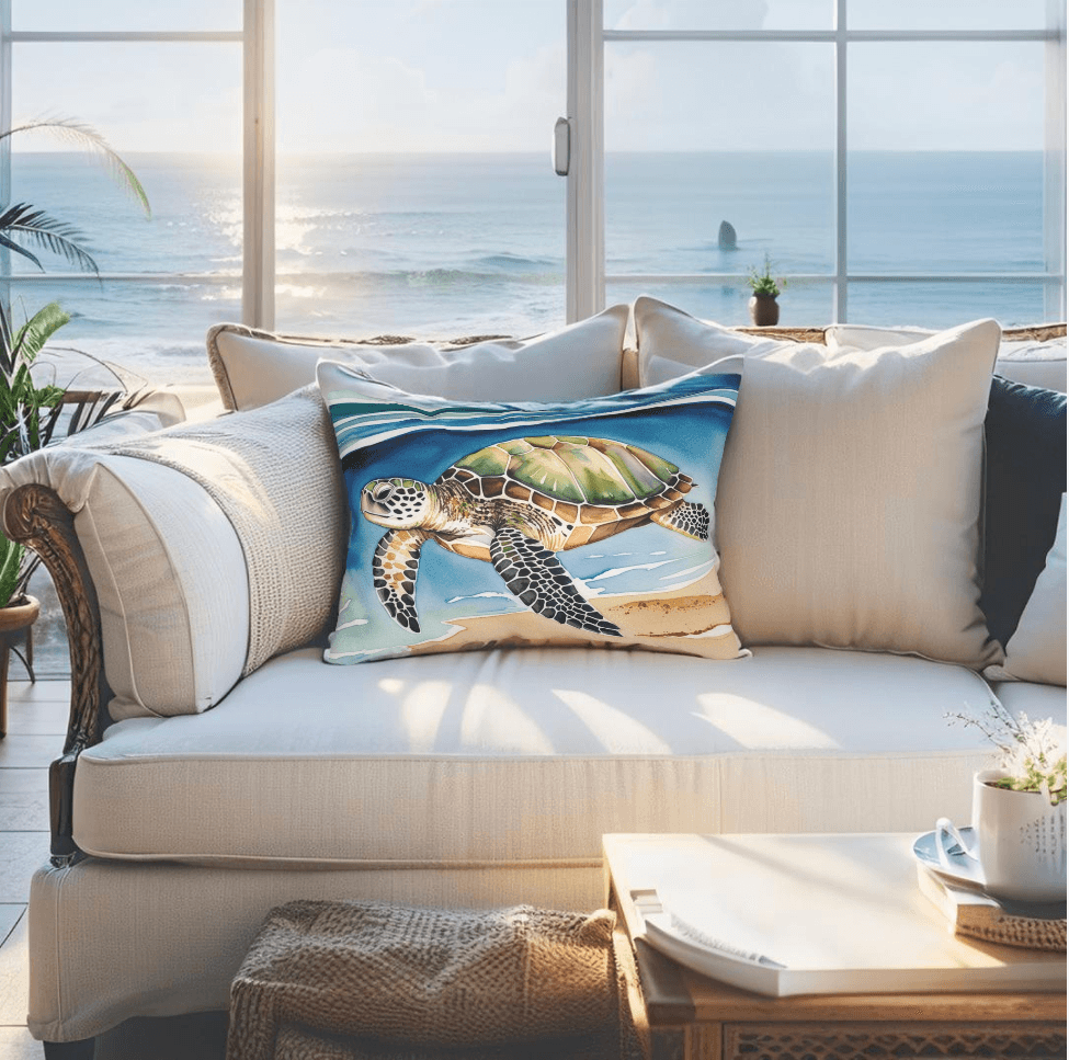 Marine life throw pillow featuring a detailed turtle design in coastal colors