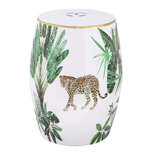 Ceramic Accent Stool Tropical Decor Patterned for Indoor Outdoor Use