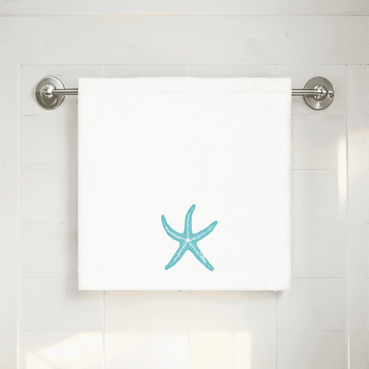 Nautical bathroom accessory featuring a starfish print face towel