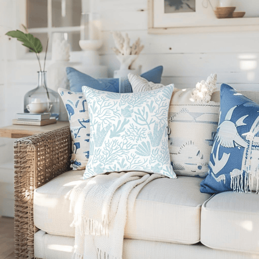 Nautical-style coral reef throw pillow for beach decor