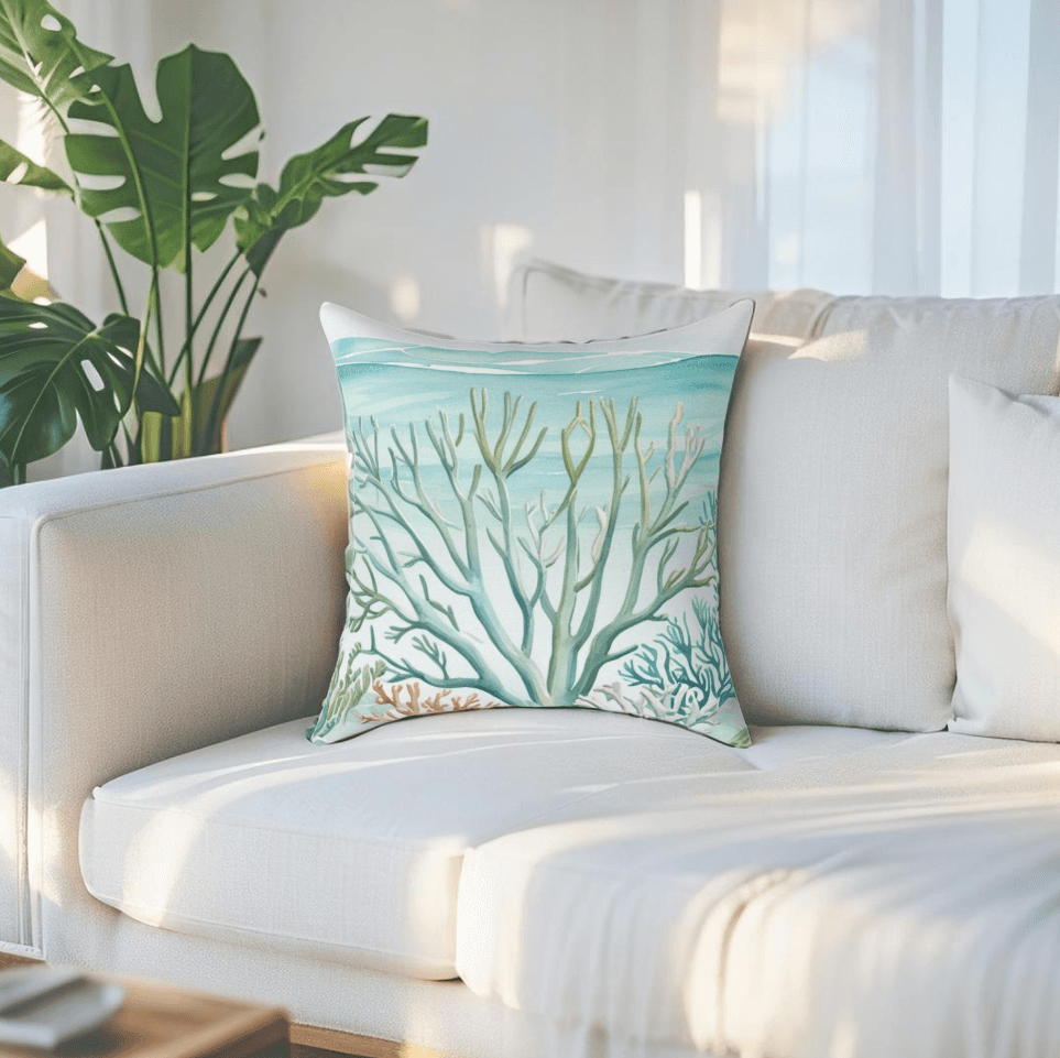 Nautical reef pillow with soft texture—perfect couch accent for coastal homes