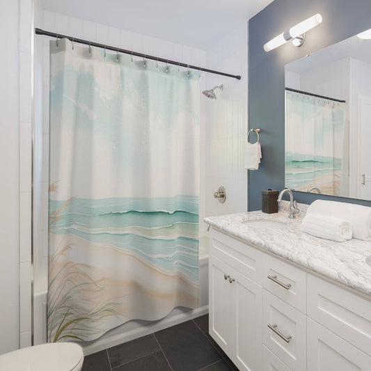 Nautical shower curtain with elegant shell and starfish design for beach homes