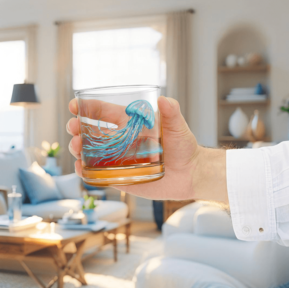 Nautical-themed drinkware with artistic jellyfish design for beach homes