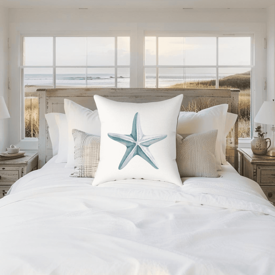 Nautical starfish pillow adds ocean-themed elegance to a cozy bedroom
