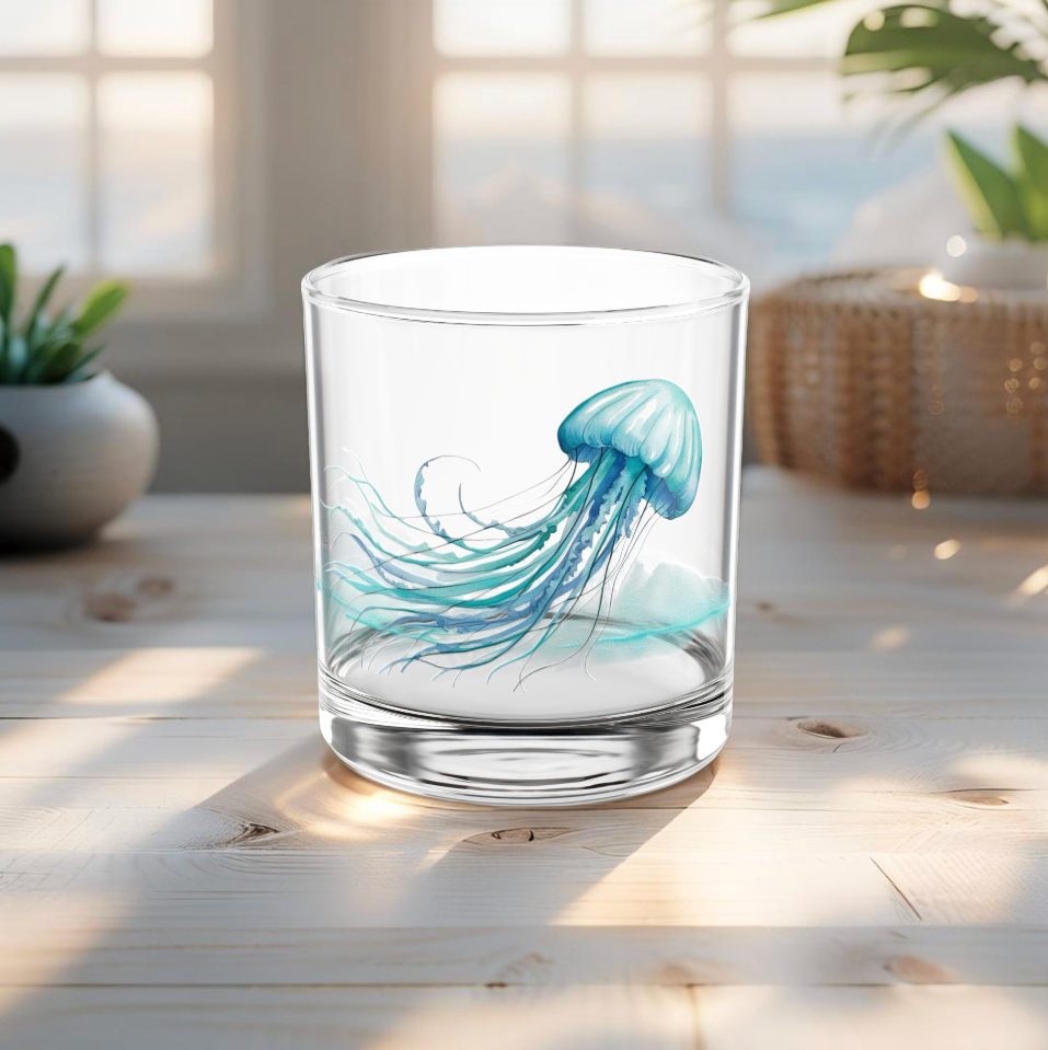 Ocean-inspired 10oz rocks glass with artistic jellyfish print