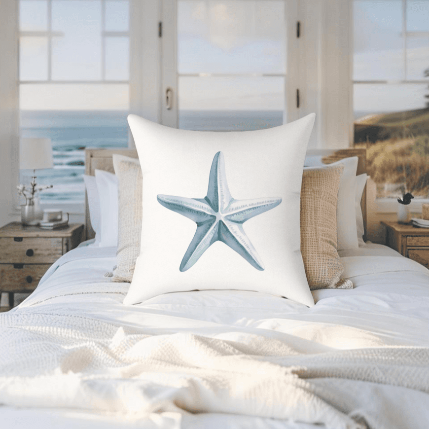 Ocean-theme throw pillow featuring a starfish pattern ideal for couches
