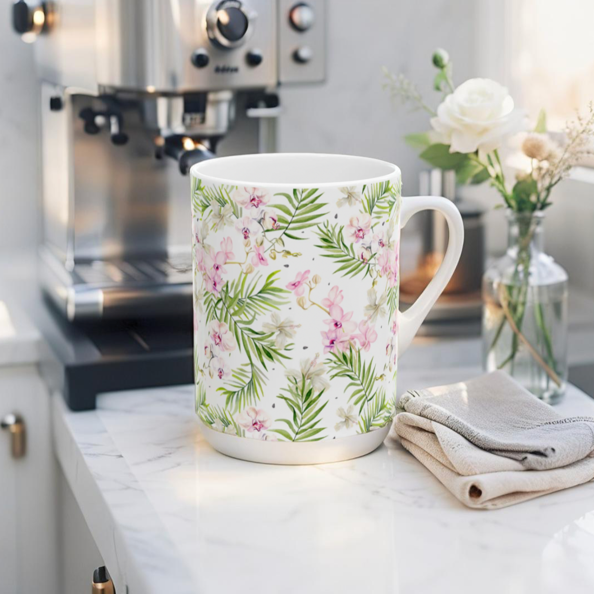 Coffee mug with palm floral print and tropical color scheme.