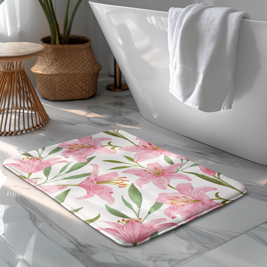 Pink blossom floral bath mat, perfect for a feminine and delicate bathroom theme