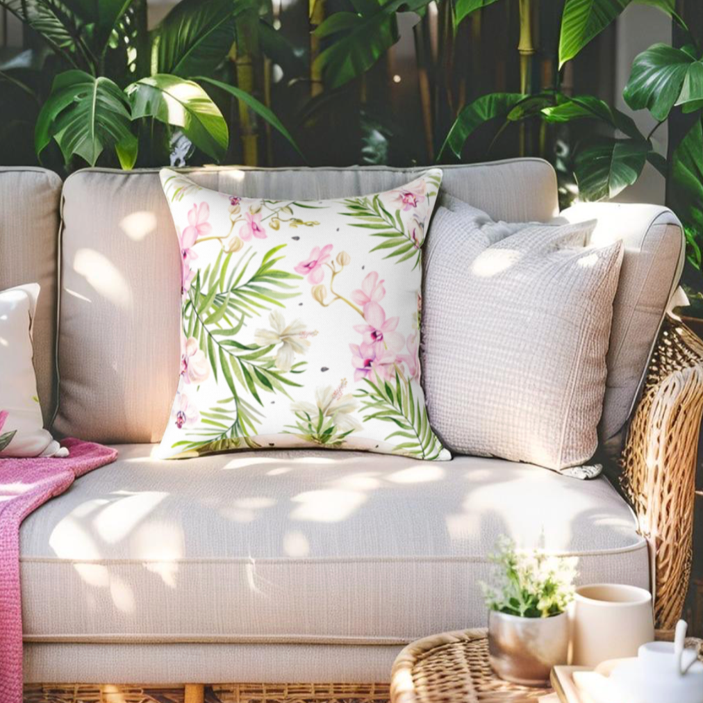 Pink and green floral throw pillow with tropical beach vibes