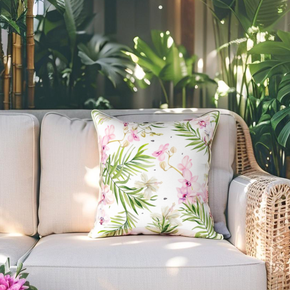 Pink and green flower-patterned tropical pillow, perfect for beach house couches.
