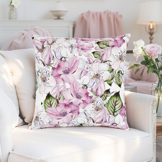 Pink and purple floral throw pillow for cottagecore decor