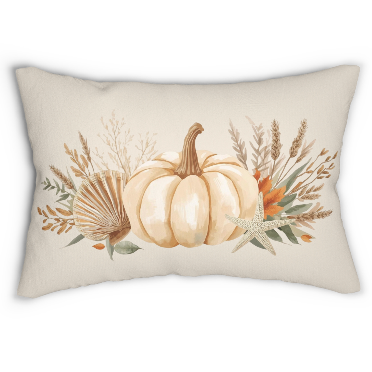 Coastal fall throw pillow with pumpkins and seashells