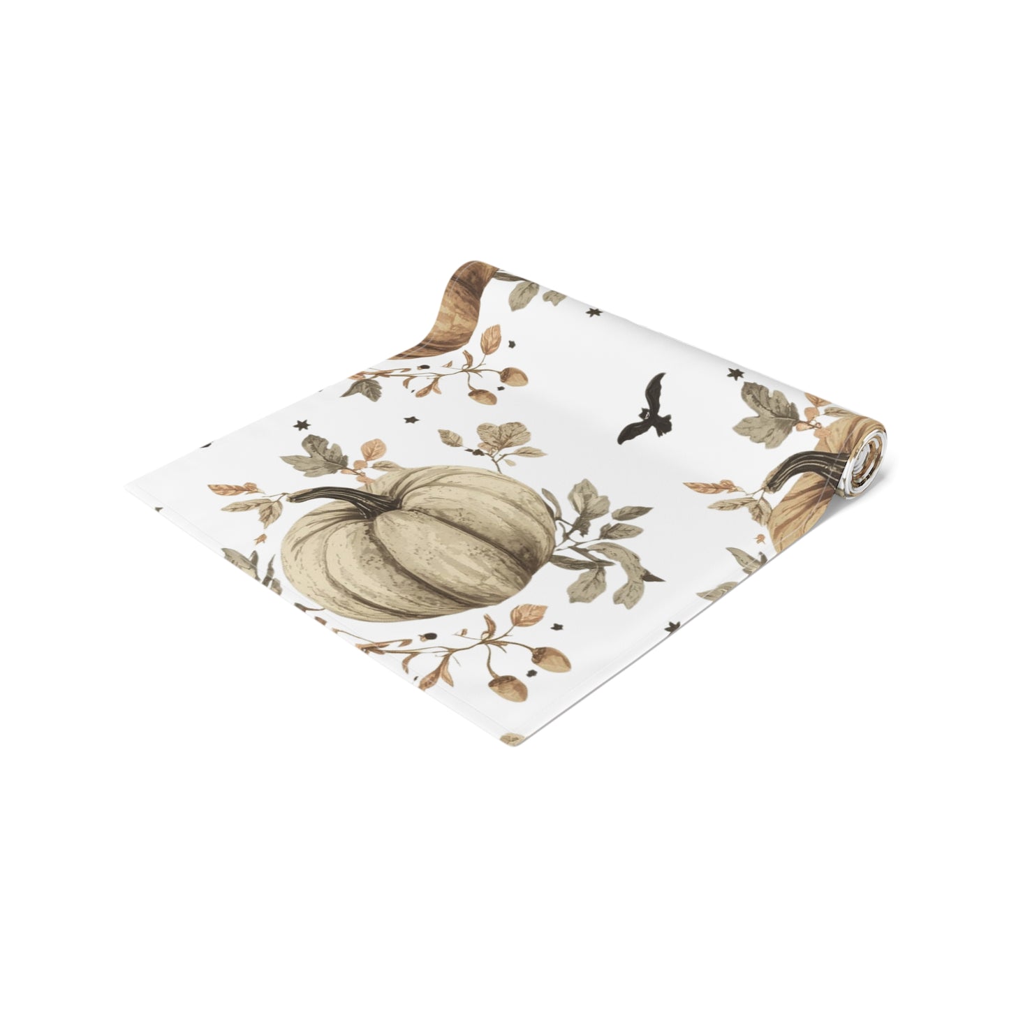 Decorative table runner with pumpkins and leaves on a white background