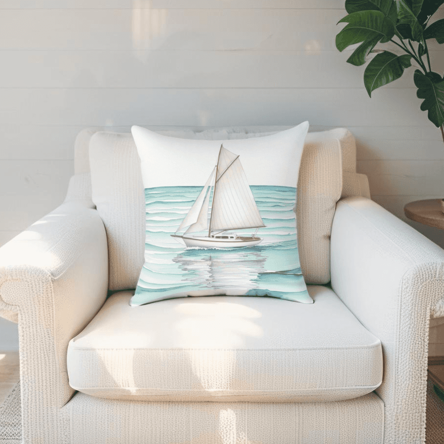 Watercolor sailboat decorative pillow on a white couch in a coastal Maine living room