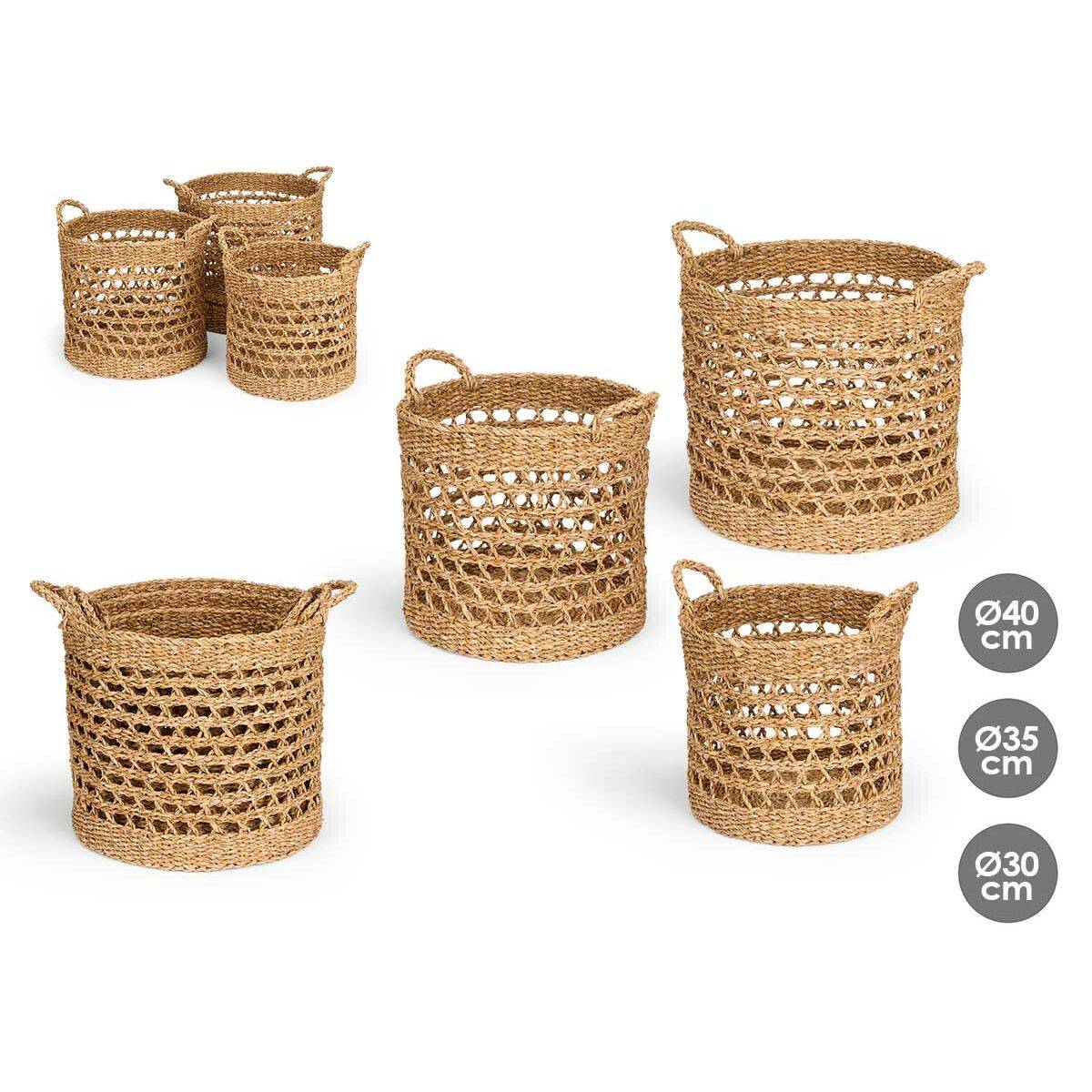 Set of woven baskets of different sizes on a white background