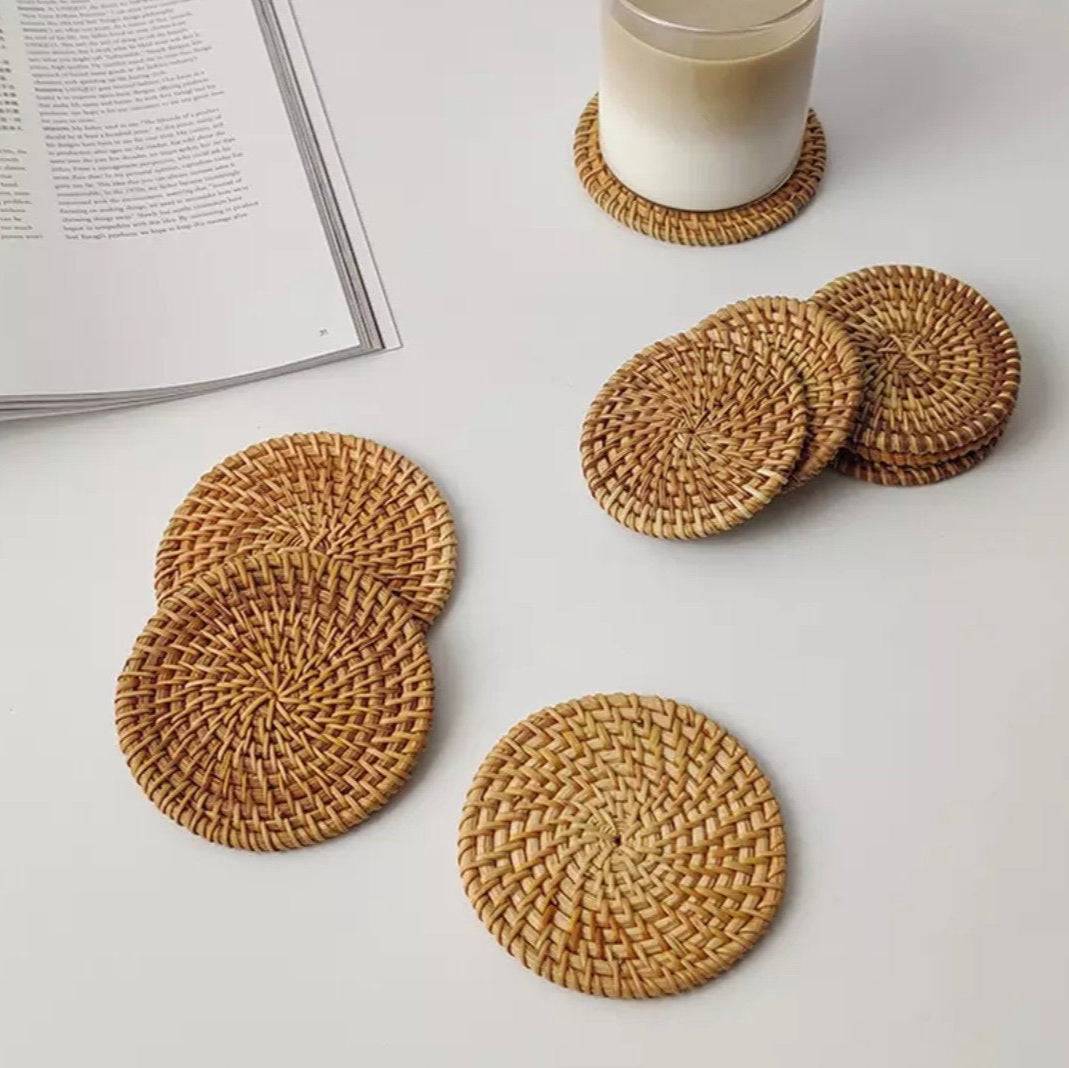 Set of 4 natural rattan drink coasters for coastal table decor