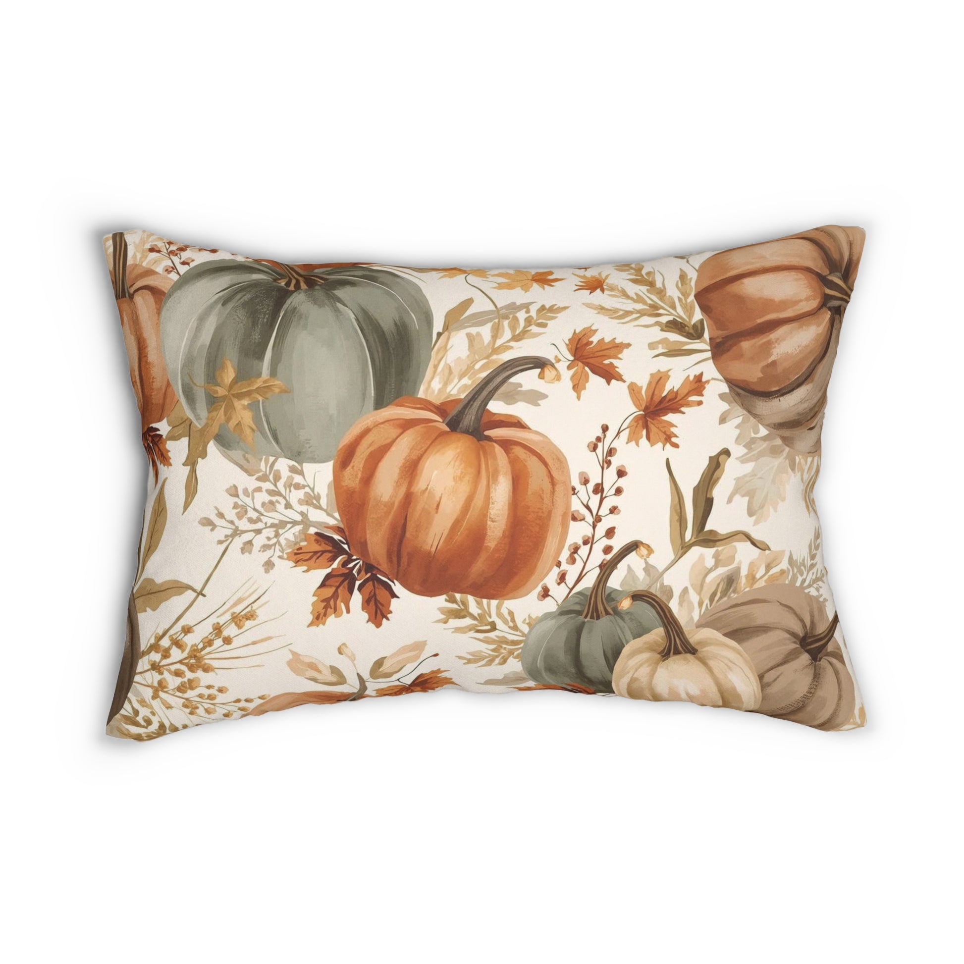 Decorative pillow with autumnal design featuring pumpkins and leaves on a white background