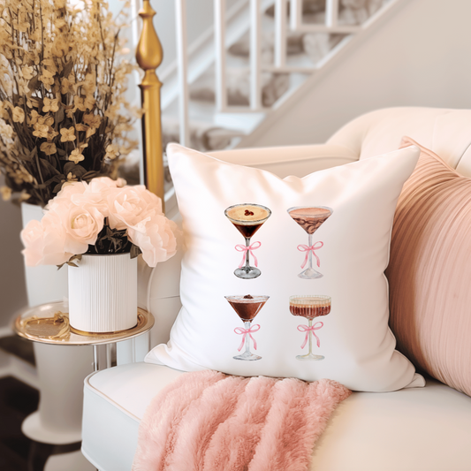 Trendy cocktail-themed throw pillow with vibrant colors, perfect for bar decor or party settings