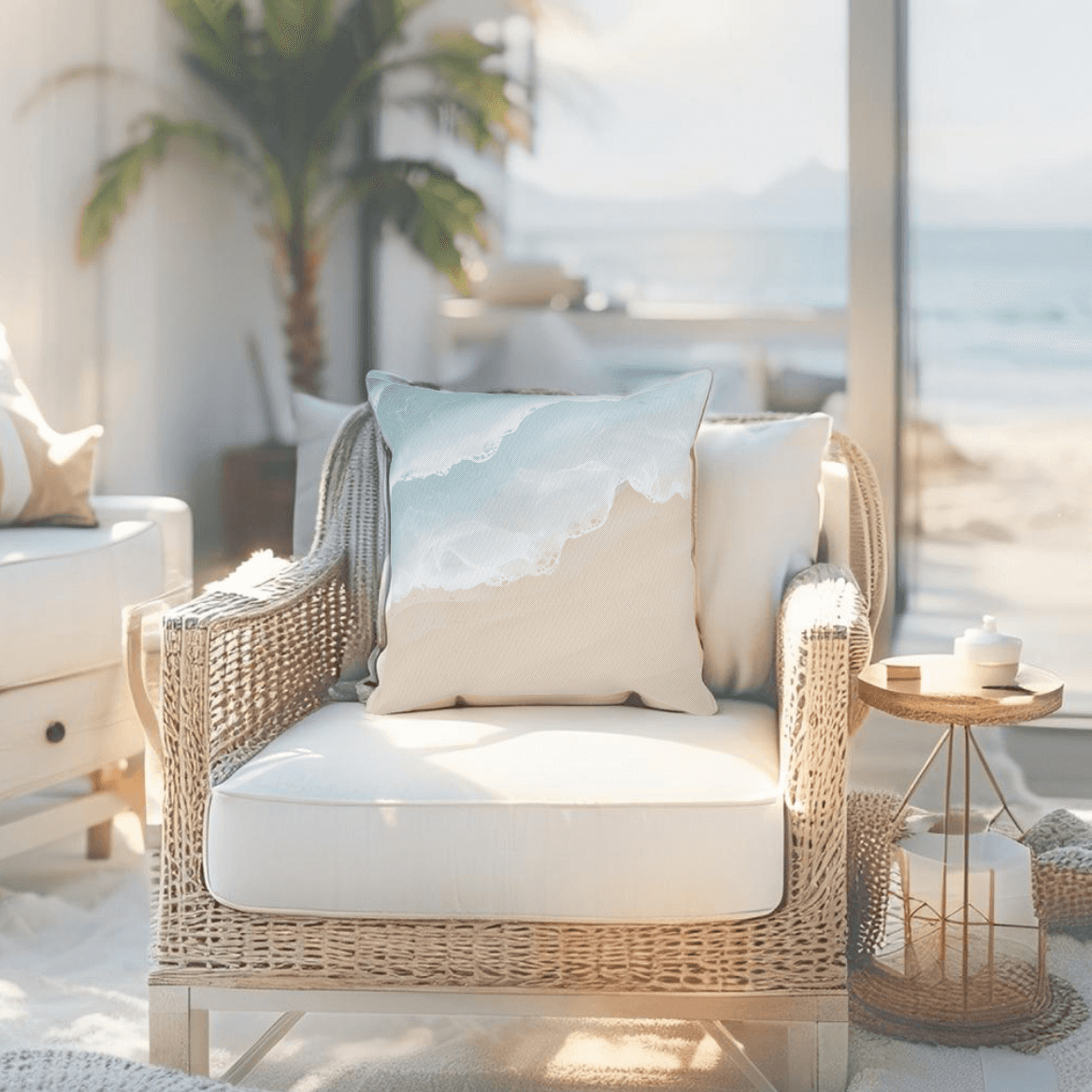 Tropical beach pillow with vacation vibes, perfect for seasonal updates.
