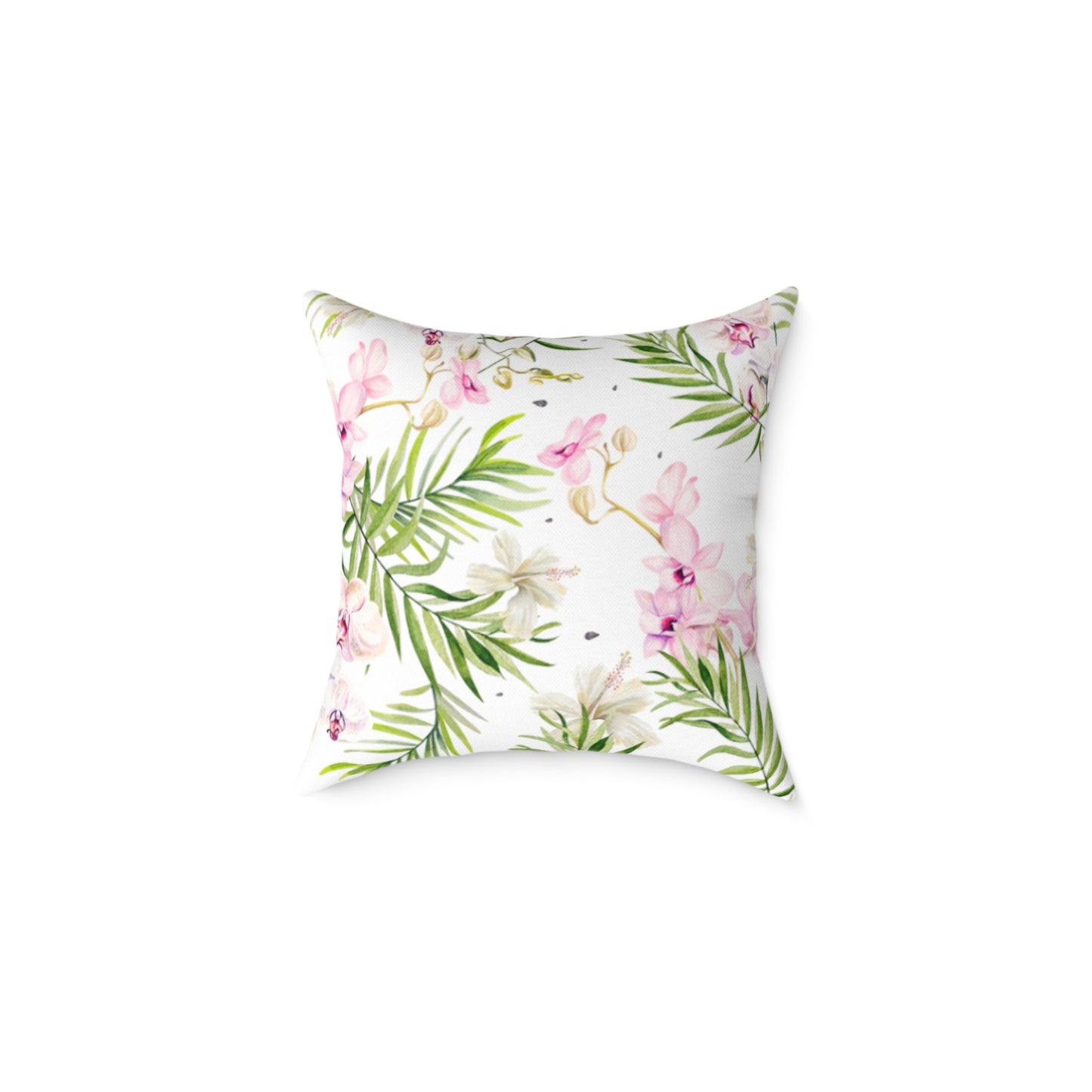 Decorative throw pillow with tropical leaf and floral print in green and pink.