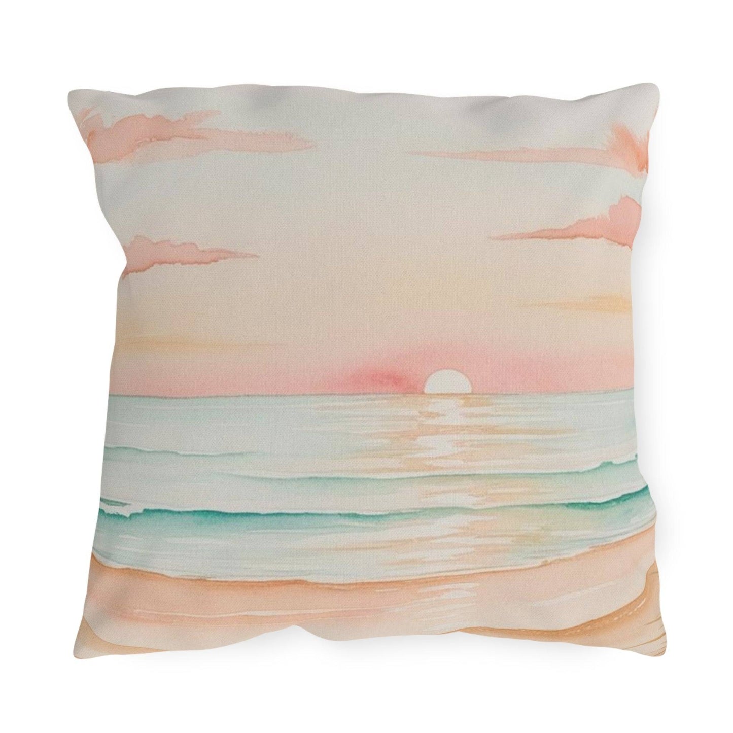 Tropical sunset pillow acts as a vibrant outdoor cushion for summer lounging