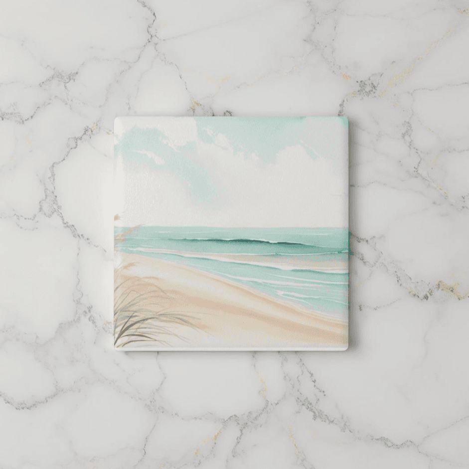 Watercolor beach scene coaster ideal for coastal home décor