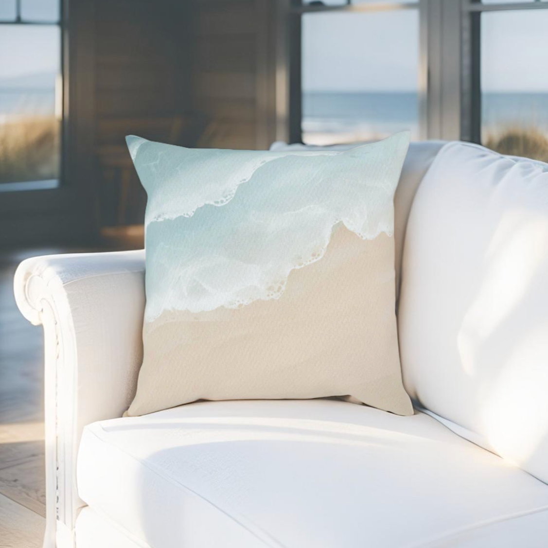 Modern coastal pillow with a watercolor-style wave print in blue and beige, ideal for seaside living room or bedroom styling.