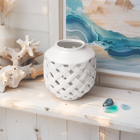 White ceramic latticed vase for coastal home decor