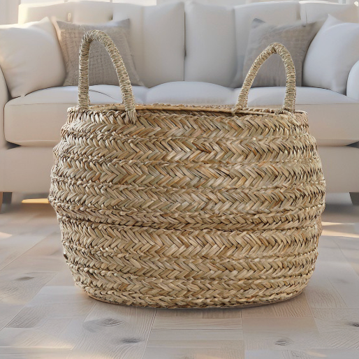 Decorative rattan basket with natural woven texture and coastal style.