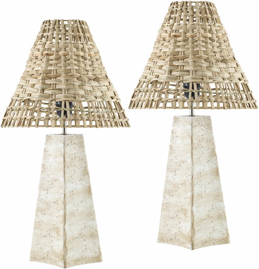 Neutral stone base rattan lamps styled in a modern farmhouse living room.